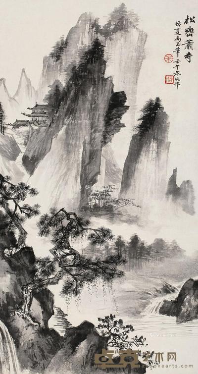 壬午(1942)年作 松峦萧寺 镜片 水墨纸本 63×32cm