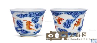  清光绪 青花矾红洪福齐天杯 (一对) 直径6cm×2
