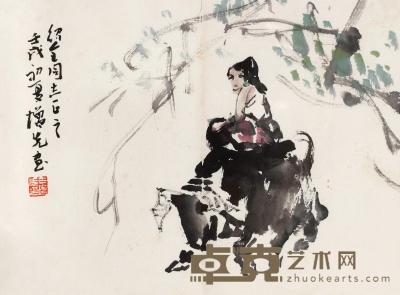  壬戌（1982）年作 牧牛图 镜框 设色纸本 24×33cm