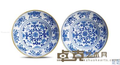 清光绪 青花八宝纹折沿碗 (一对) 直径15.5cm