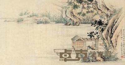  丁丑（1937）年作 江舫抚琴 镜框 设色纸本 23×44cm