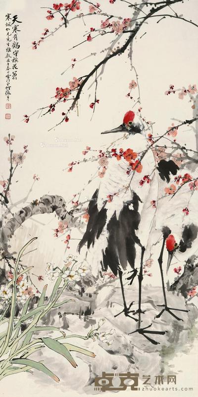 天寒有鹤守梅花 立轴 设色纸本 102×50.5cm