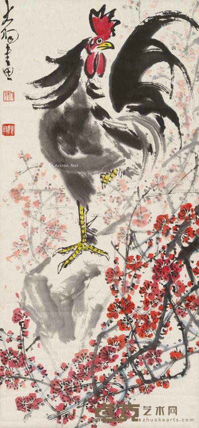  红梅公鸡 立轴 设色纸本 94.5×43.5cm