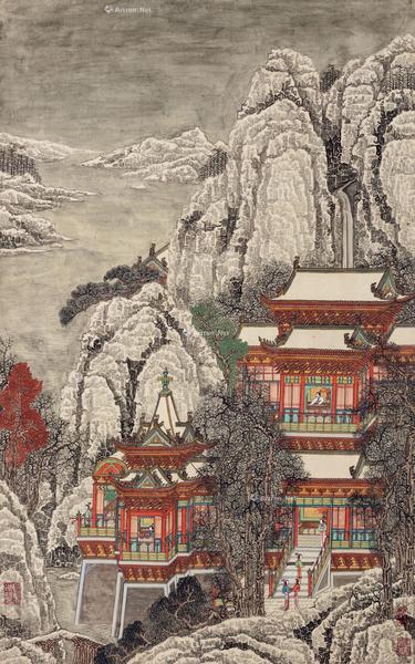  雪山楼阁图 镜片 设色绢本
