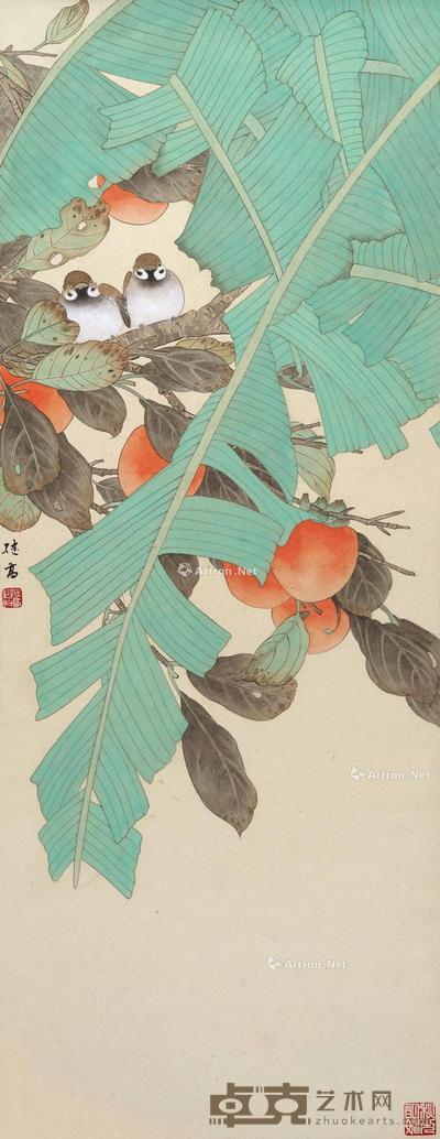 花鸟 立轴 设色纸本 89×34cm