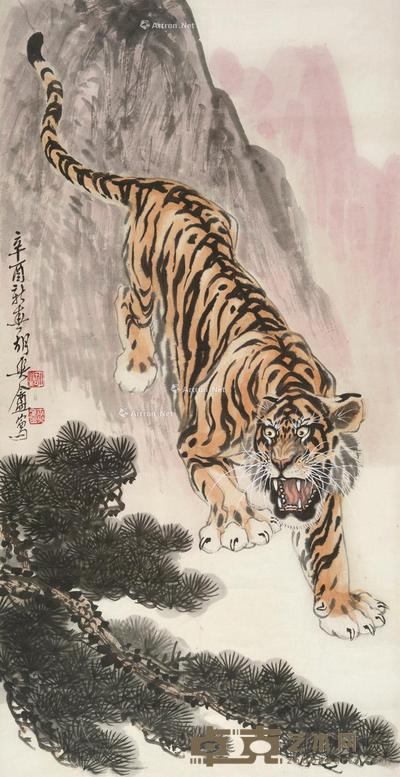 猛虎下山 镜片 设色纸本 89×45cm
