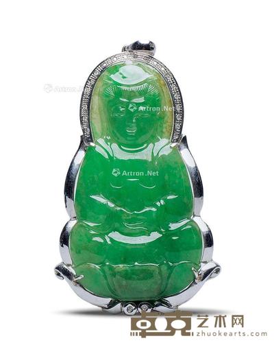 清 翡翠后镶18K金钻石观音 长5.7cm