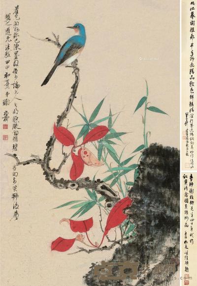  甲申（1944）年作 红叶珍禽图 镜片 设色纸本 71.5×44.5cm