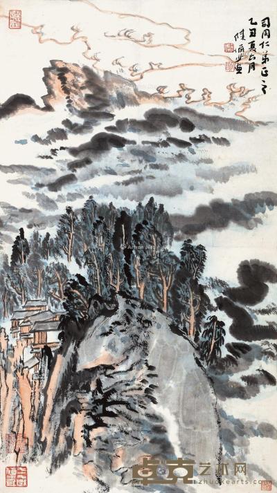  乙丑（1985年）作 林峰云海 镜片 设色纸本 75×41.5cm 