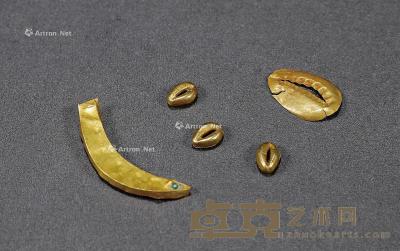  战国·金贝币、金鱼币一组五枚 通长3-105mm；重量4.3g