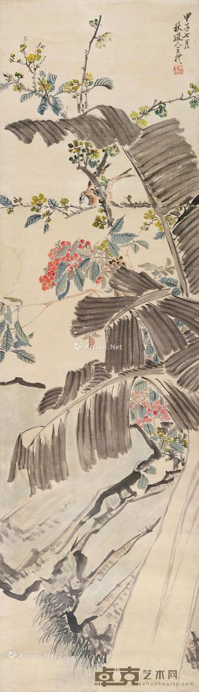 芭蕉小鸟 立轴 设色纸本 135×38cm