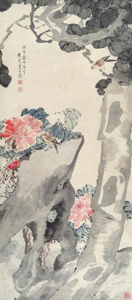  花石小鸟 立轴 设色纸本