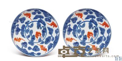 清光绪 青花矾红万福盘 (一对) 直径14.8cm×2