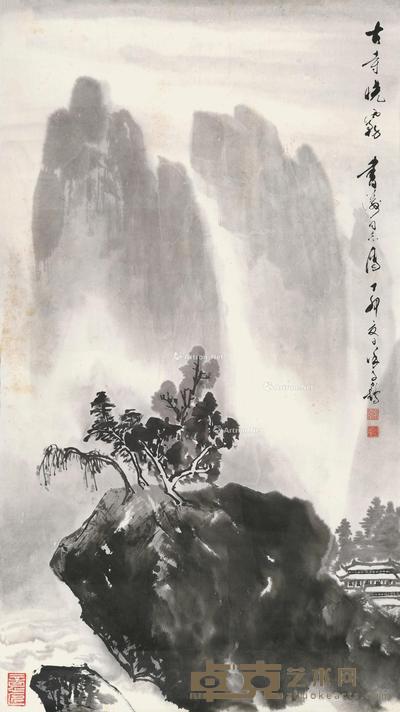 古寺晓雾 镜片 水墨纸本 97×54.5cm