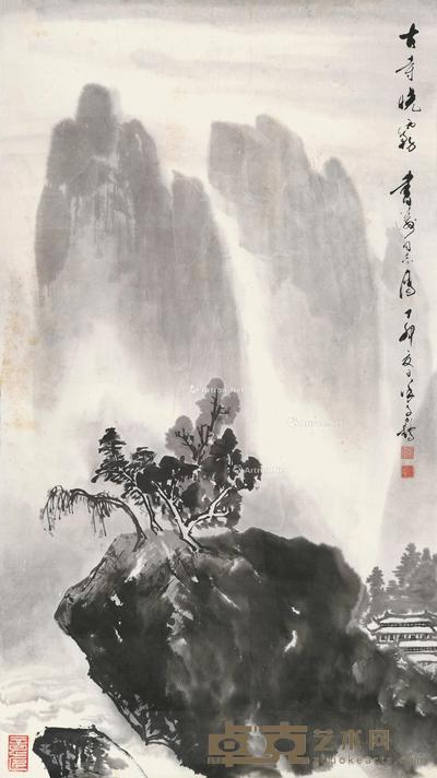  古寺晓雾 镜片 水墨纸本 97×54.5cm