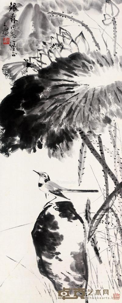 荷塘小鸟 立轴 水墨纸本 103.5×41.5cm