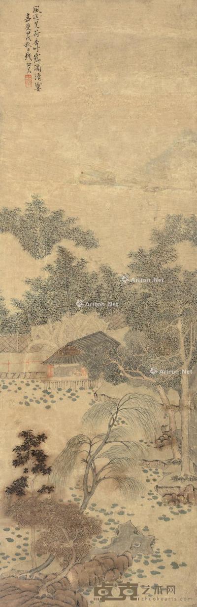  甲戌（1814）年作 竹亭纳凉 立轴 设色纸本 84.5×27cm