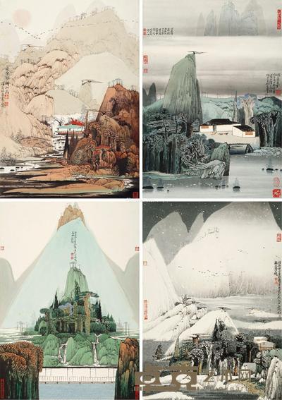 春夏秋冬 四屏 镜片 设色纸本 49.5×34.5cm×4