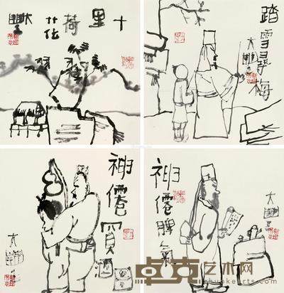山水人物 (四帧) 镜片 水墨纸本 34.5×34cm×4