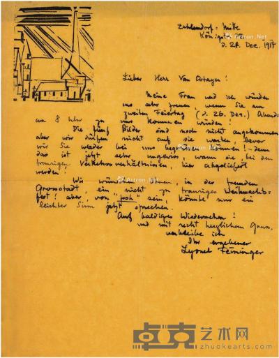  1919年12月24日作 费宁格 带早期木版画的罕见亲笔信 29×22cm