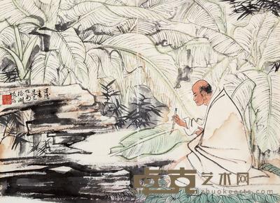 壬戌(1982)年作 蕉荫写经图 镜片 设色纸本 32×44cm