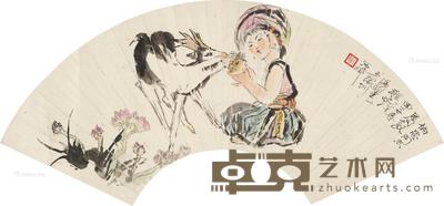 少女与鹿 扇片 设色纸本 17.5×52.5cm