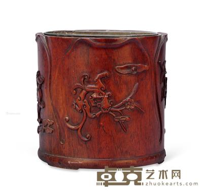 明 黄花梨螭龙纹玉兰花口笔筒 高17.5cm;直径18.4cm
