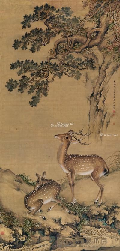  戊辰（1748年）作 柏鹿同春 立轴 设色绢本 206×98.5cm 