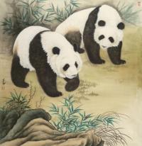  熊猫 镜片 设色绢本