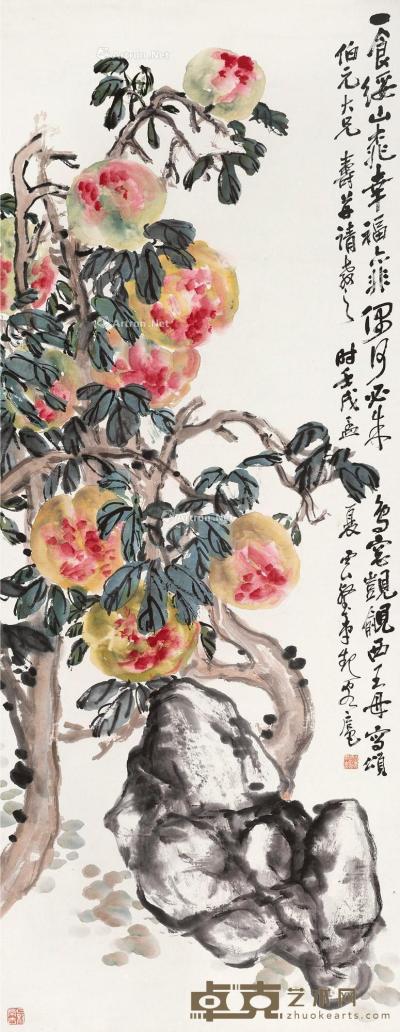  壬戌（1922年）作 绥山桃寿图 立轴 设色纸本 138×52.5cm 
