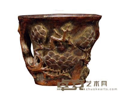 * 清代 竹雕苍松仿犀角杯 高14.5cm；直径8.4×4.5cm