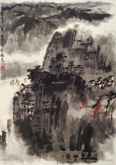  峡江帆影 立轴 设色纸本 40×28cm