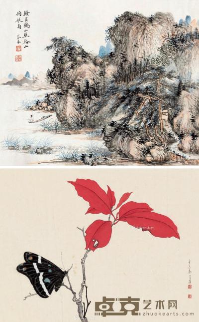  辛巳（1941）年作 溪山钓艇图 红叶蛱蝶 镜片 设色纸本 32×38cm；24×33cm