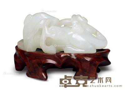 清 玉雕鹿含灵芝摆件 长5.4cm