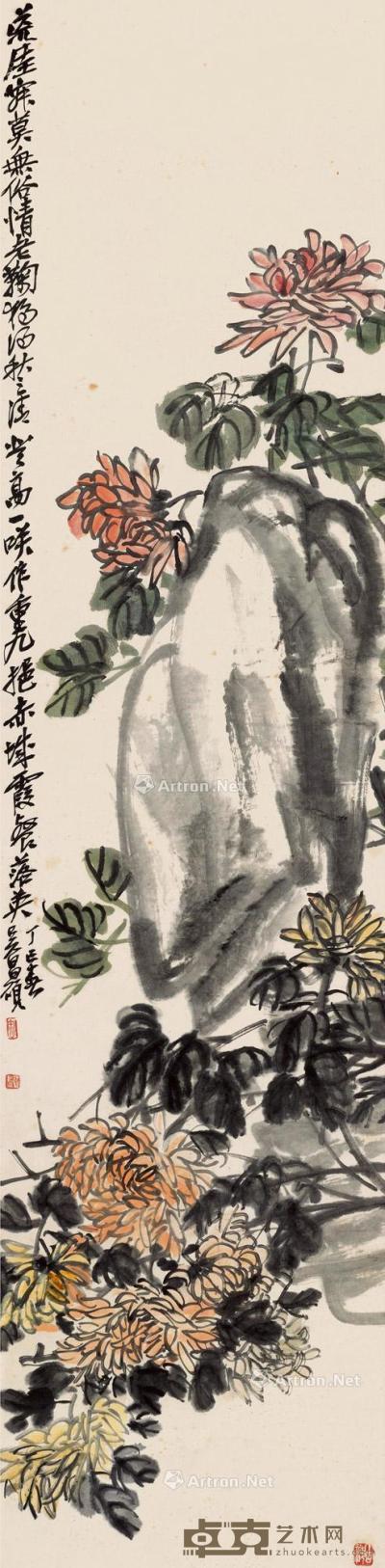 丁巳（1917）年作 菊石图 立轴 设色纸本 136×33cm