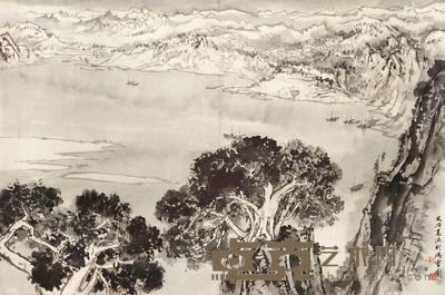 渔村瑞雪图 立轴 水墨纸本 48×72cm
