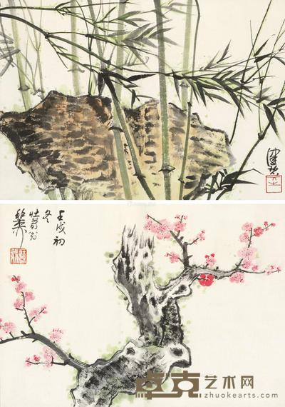 梅花·竹石 镜片 设色纸本 24×33.5cm×2