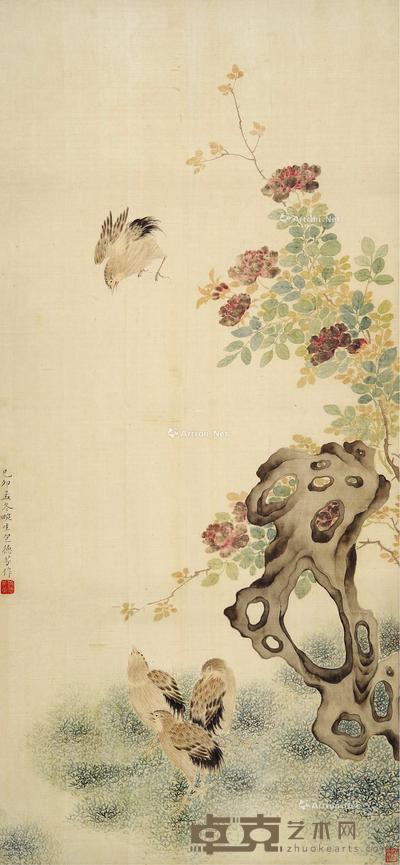 花鸟 镜片 设色绢本 103×46cm