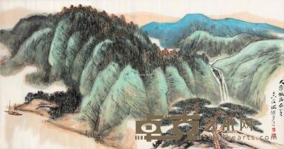  松山飞瀑 镜框 设色纸本 46×88cm