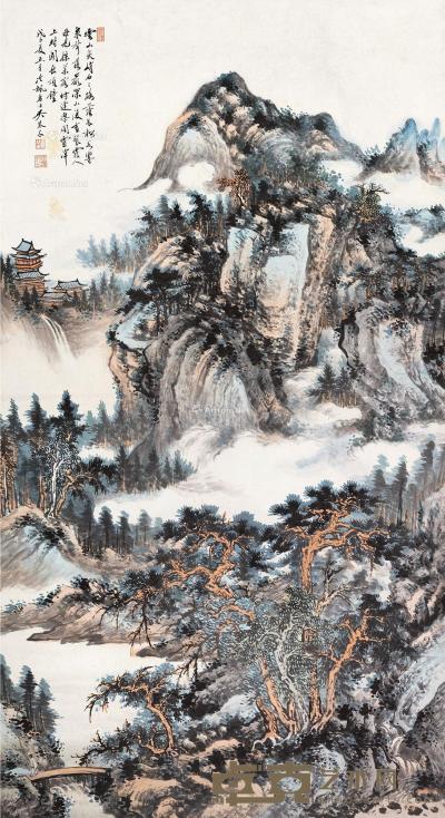  戊子（1948年）作 云山萧寺 立轴 设色纸本 151×81cm 