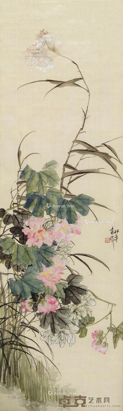 花卉 立轴 设色绢本 140.5×42cm