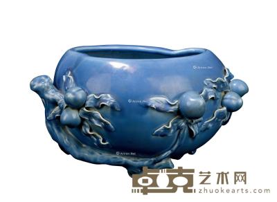 * 清代 霁蓝釉寿桃形堆塑大水盂 高25cm；直径29cm