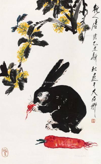  乙丑（1985）年作 月桂玉兔  立轴 设色纸本