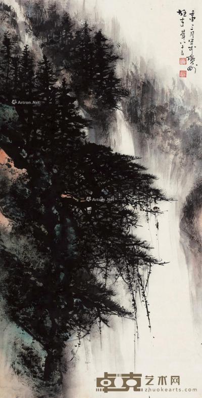 壬申（1992）年作 青山飞瀑 立轴 设色纸本 135.5×67.5cm