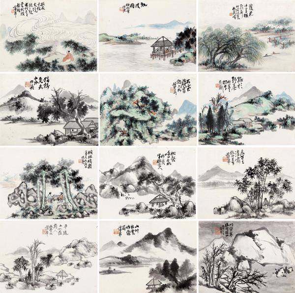  丙申（1896）年作 拟古山水册 册页 （十二开) 设色 水墨纸本