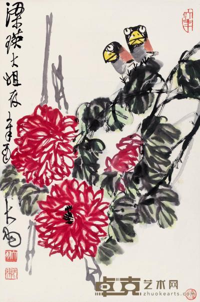  辛酉（1981年）作 腊嘴红菊 立轴 设色纸本 67×43cm 