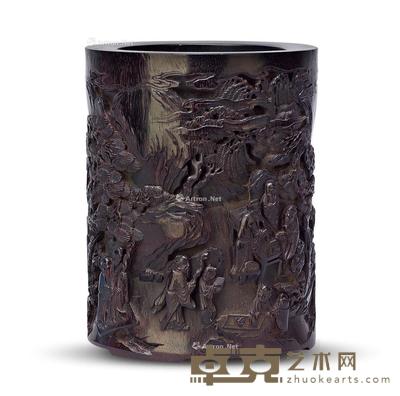 清 紫檀雕山水人物笔筒 高15cm;直径11.7cm