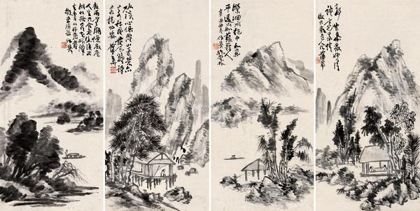  辛丑（1901）年作 山水 四屏立轴 水墨纸本