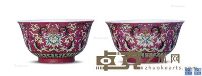 清嘉庆 粉彩轧道花卉纹碗 (一对) 直径13cm×2