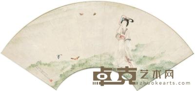  戊寅（1938）年作 扑蝶仕女图 扇面镜框 设色纸本 18.3×51.3cm